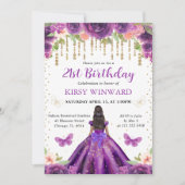 パープルドレスダークスキンプリンセス誕生日 招待状 (正面)
