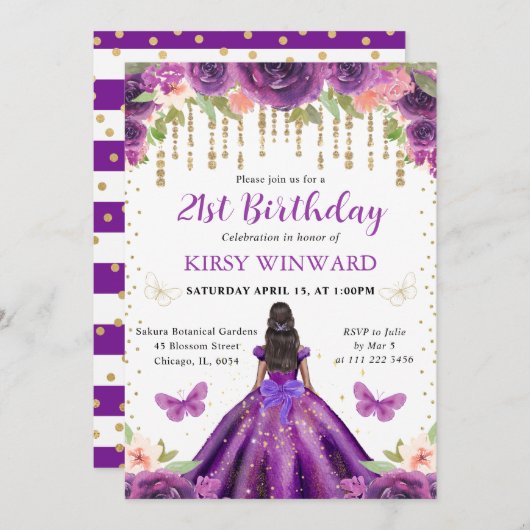 パープルドレスダークスキンプリンセス誕生日 招待状 (正面/裏面)