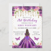 パープルドレスダークスキンプリンセス誕生日 招待状 (正面)