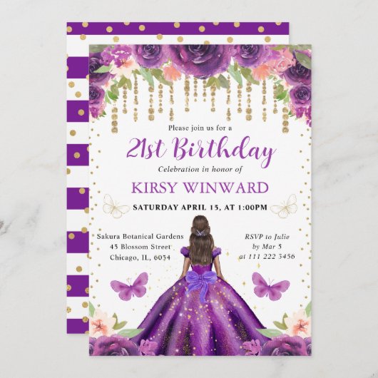 パープルドレスダークスキンプリンセス誕生日 招待状 (正面/裏面)