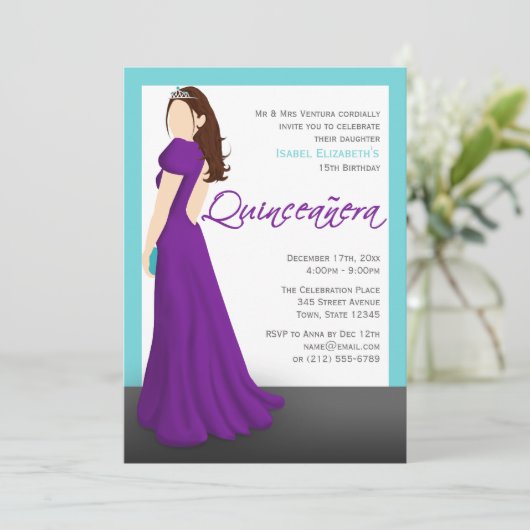 パープルドレスティアラターコイズキンセアニラ 招待状 (スタンド正面)