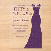 パープルドレスフィフティ&ファブラス50誕生日 アクリル招待状 (正面)