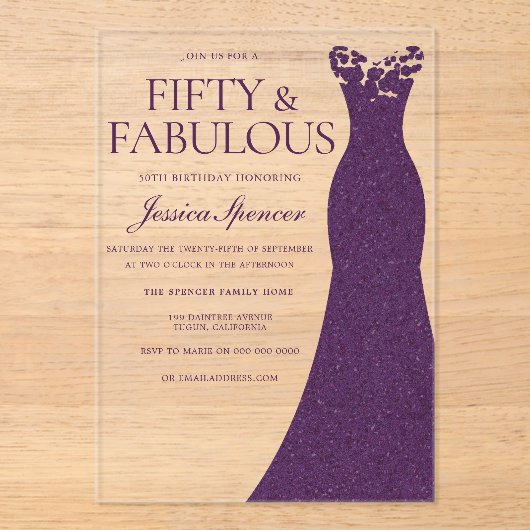 パープルドレスフィフティ&ファブラス50誕生日 アクリル招待状 (正面)