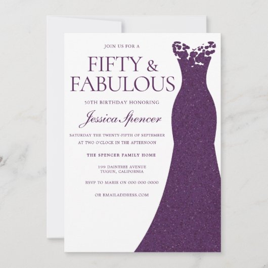パープルドレスフィフティ&ファブラス50誕生日 招待状 (正面)