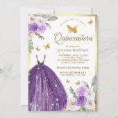 パープルドレスフローラ蝶金ゴールドキンセアニェラ 招待状 (正面)