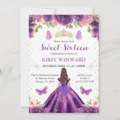 パープルドレスブルネットプリンセススウィート16 招待状 (正面)