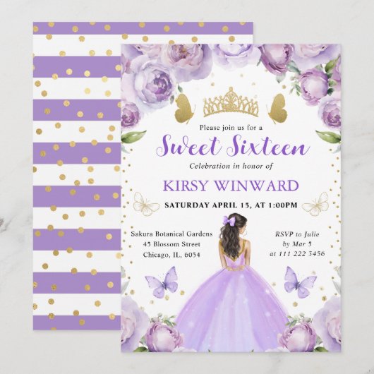 パープルドレスブルネットプリンセススウィート16 招待状 (正面/裏面)