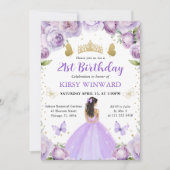 パープルドレスブルネットプリンセス誕生日 招待状 (正面)