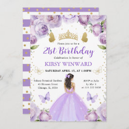 パープルドレスブルネットプリンセス誕生日 招待状