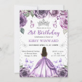 パープルドレスブルネットプリンセス誕生日 招待状 (正面)
