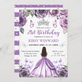 パープルドレスブルネットプリンセス誕生日 招待状