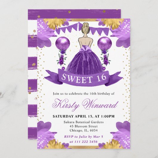 パープルドレスブロンドプリンセススウィート16 招待状 (正面/裏面)