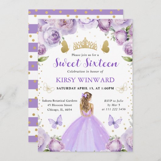 パープルドレスブロンドヘアプリンセススウィート16 招待状 (正面/裏面)