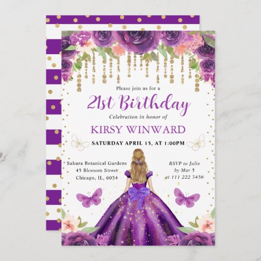 パープルドレスブロンドヘアプリンセス誕生日 招待状 (正面/裏面)