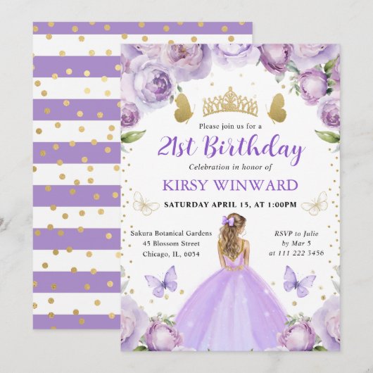 パープルドレスブロンドヘアプリンセス誕生日 招待状 (正面/裏面)