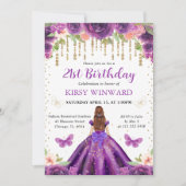 パープルドレスレッドフォールドプリンセス誕生日 招待状 (正面)