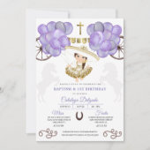 パープルドレス金ゴールドベビーチャラバルーンバプテスマ 招待状 (正面)