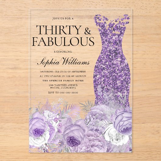 パープルドレス30歳の誕生日と素敵な30歳の誕生日 アクリル招待状 (正面)