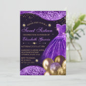 パープルドレス&金ゴールドグリッターバルーン甘い16 招待状 (スタンド正面)