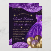 パープルドレス&金ゴールドグリッターバルーン甘い16 招待状 (正面/裏面)