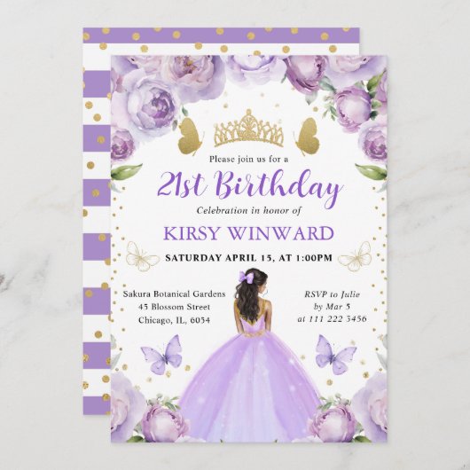 パープルドレス 黒い肌のプリンセス 誕生日 招待状 (正面/裏面)