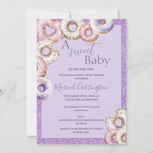 パープルドーナツグリッター水の色ベビーシャワー 招待状 (正面)