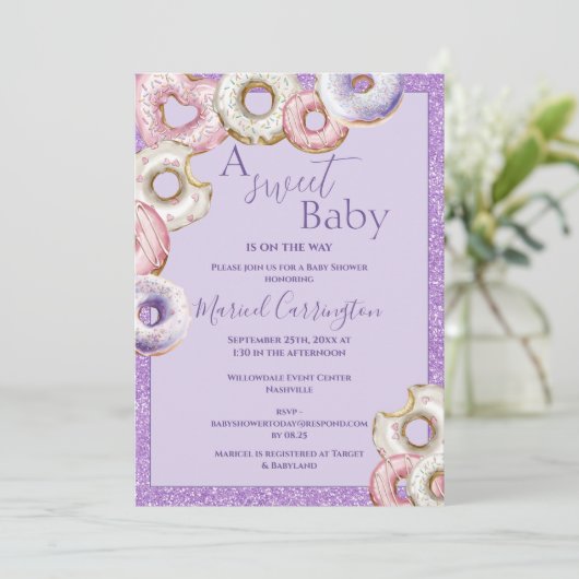 パープルドーナツグリッター水の色ベビーシャワー 招待状 (スタンド正面)