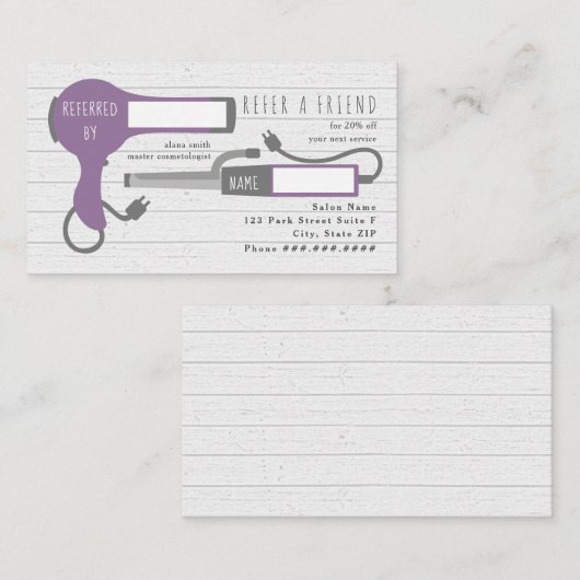 パープルド吹ライヤ+カーリングアイアンサロンの紹介 名刺 (正面/裏面)