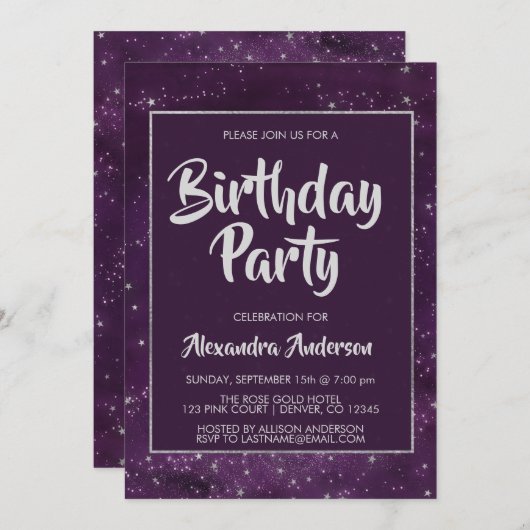 パープルナイトスカイとゴールドフォイルスターズ誕生日 招待状 (正面/裏面)