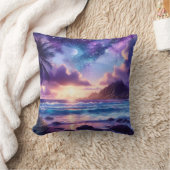 パープルナイトスカイムーントロピカルシーン クッション (ブランケット)