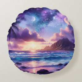 パープルナイトスカイムーントロピカルビーチ ラウンドクッション