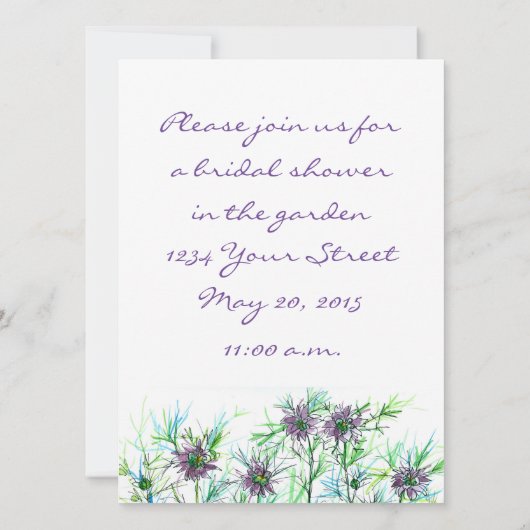 パープルニゲラウォーターカラーフラワーズブライダルシャワー 招待状 (裏面)
