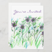 パープルニゲラウォーターカラーフラワーズブライダルシャワー 招待状 (正面/裏面)