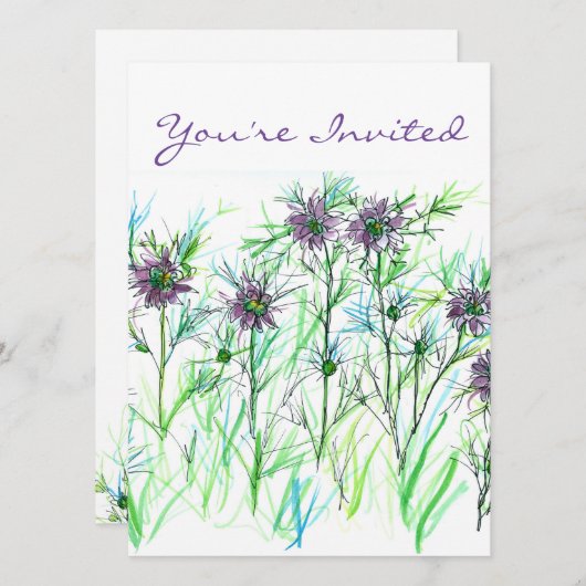 パープルニゲラウォーターカラーフラワーズブライダルシャワー 招待状 (正面/裏面)