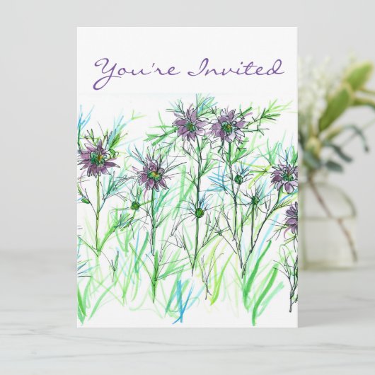 パープルニゲラウォーターカラーフラワーズブライダルシャワー 招待状 (スタンド正面)