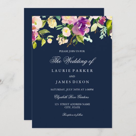 パープルネイビーフローラエレガントウェディング招待状 招待状 (正面/裏面)