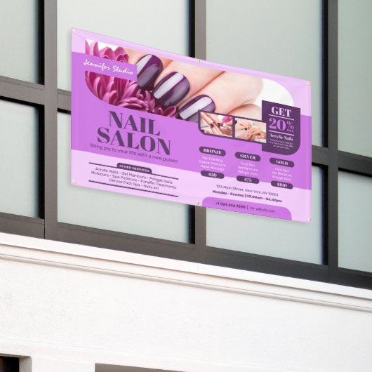 パープルネイルサロン、メイクアップアーティスト、サロン 横断幕 (ビルの外側)