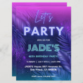 パープルネオンのトロピカルバースデーパーティー 招待状 (正面/裏面)