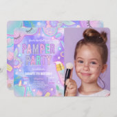 パープルネオングローパンパースパパーティー誕生日写真 招待状 (正面/裏面)