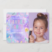 パープルネオングローパンパースパパーティー誕生日写真 招待状 (正面)