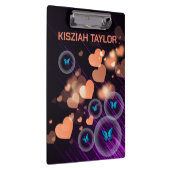 パープルネオンバタフライガールズハートかわいい名前をカスタムする クリップボード (右)