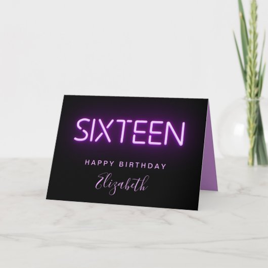 パープルネオンパーソナライズされたライト16誕生日 カード (正面)