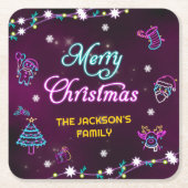 パープルネオンモダンホリデークリスマスパーティー スクエアペーパーコースター (正面)