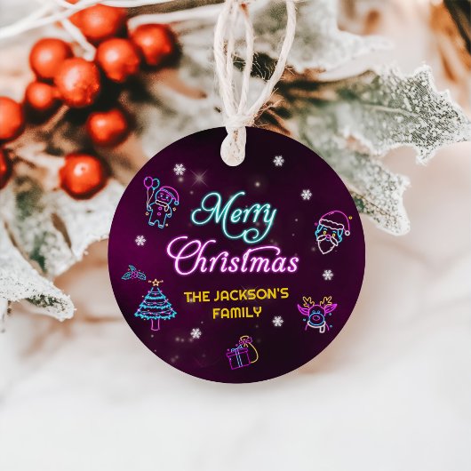 パープルネオンモダンホリデークリスマスパーティー フェイバータグ