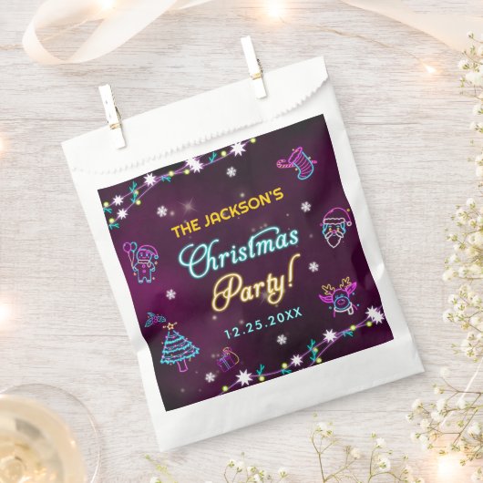 パープルネオンモダンホリデークリスマスパーティー フェイバーバッグ (クリップ留めされた状態)