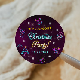 パープルネオンモダンホリデークリスマスパーティー ラウンドシール
