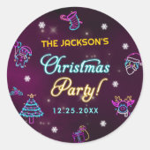 パープルネオンモダンホリデークリスマスパーティー ラウンドシール (正面)