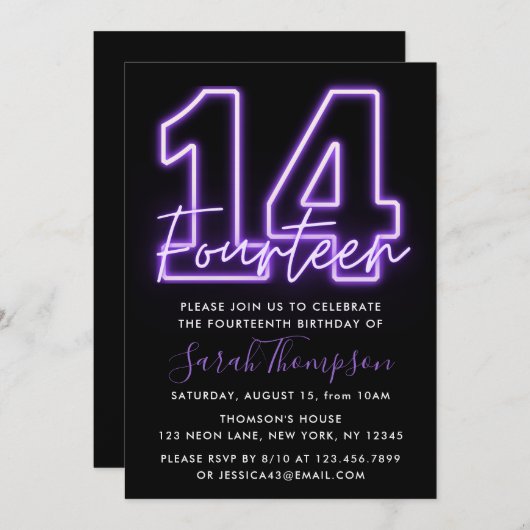 パープルネオン14誕生日招待状 招待状 (正面/裏面)