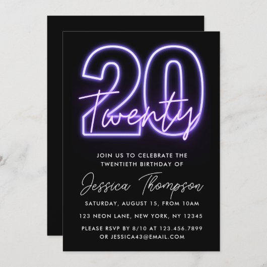 パープルネオン20誕生日招待状 招待状 (正面/裏面)