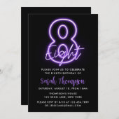 パープルネオン8番目の誕生日招待状 招待状 (正面/裏面)